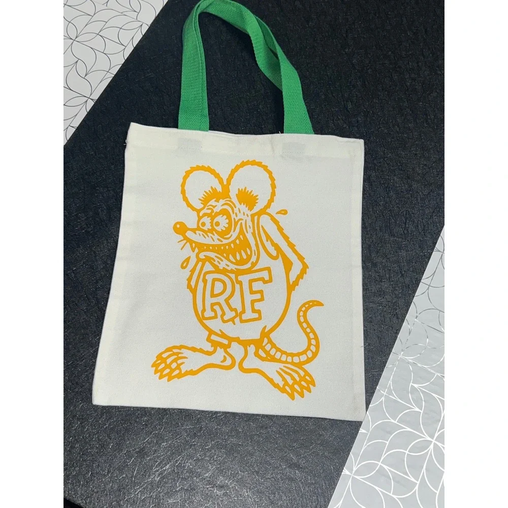 Rat Fink Graphic Canvas Tote Bag White Green Ed Roth Hot Rod Art Small